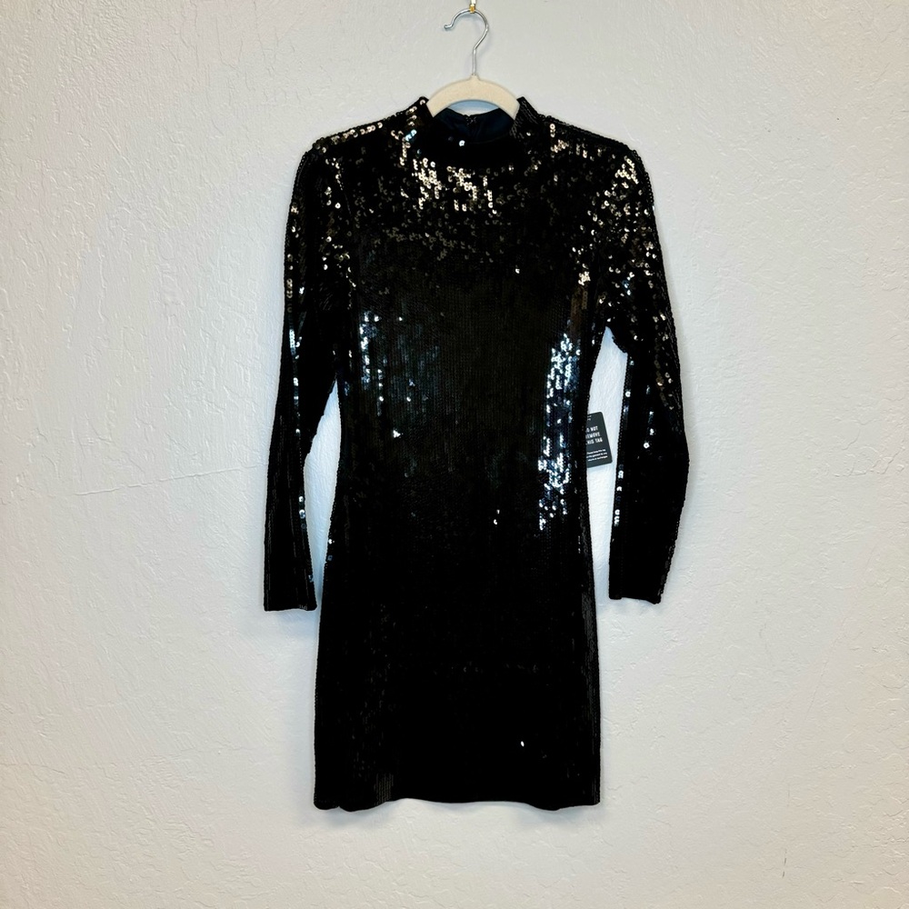 EXPRESS Black Sequined Long Sleeve Mock Neck Mini Short Dress Open Back Medium